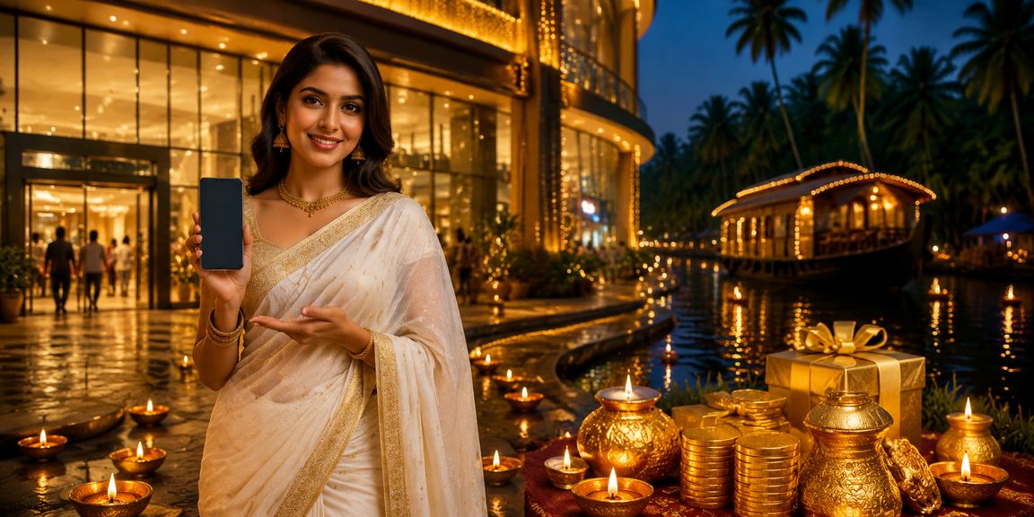 Scenic Kerala backwaters with traditional Indian attire